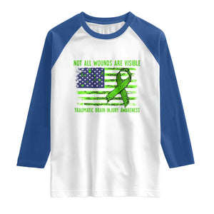 Traumatic Brain Injury Awareness Raglan Shirt Not All Wounds Are Visible TBI Warrior American Flag TS02 White Royal Print Your Wear