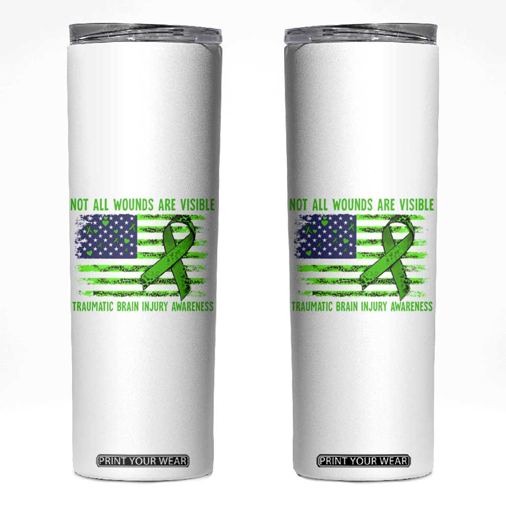 Traumatic Brain Injury Awareness Skinny Tumbler Not All Wounds Are Visible TBI Warrior American Flag TS02 White Print Your Wear
