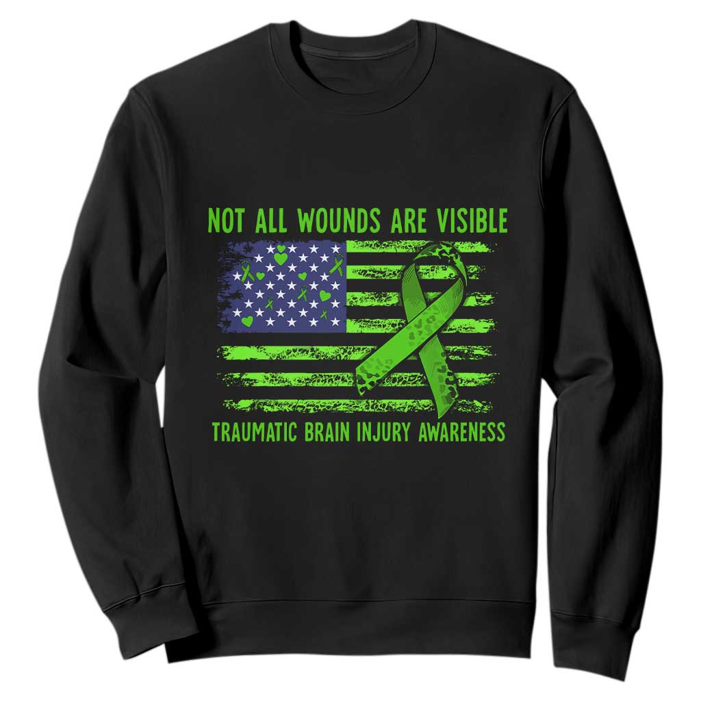 Traumatic Brain Injury Awareness Sweatshirt Not All Wounds Are Visible TBI Warrior American Flag TS02 Black Print Your Wear