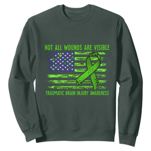 Traumatic Brain Injury Awareness Sweatshirt Not All Wounds Are Visible TBI Warrior American Flag TS02 Dark Forest Green Print Your Wear