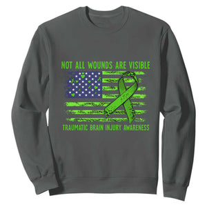 Traumatic Brain Injury Awareness Sweatshirt Not All Wounds Are Visible TBI Warrior American Flag TS02 Dark Heather Print Your Wear