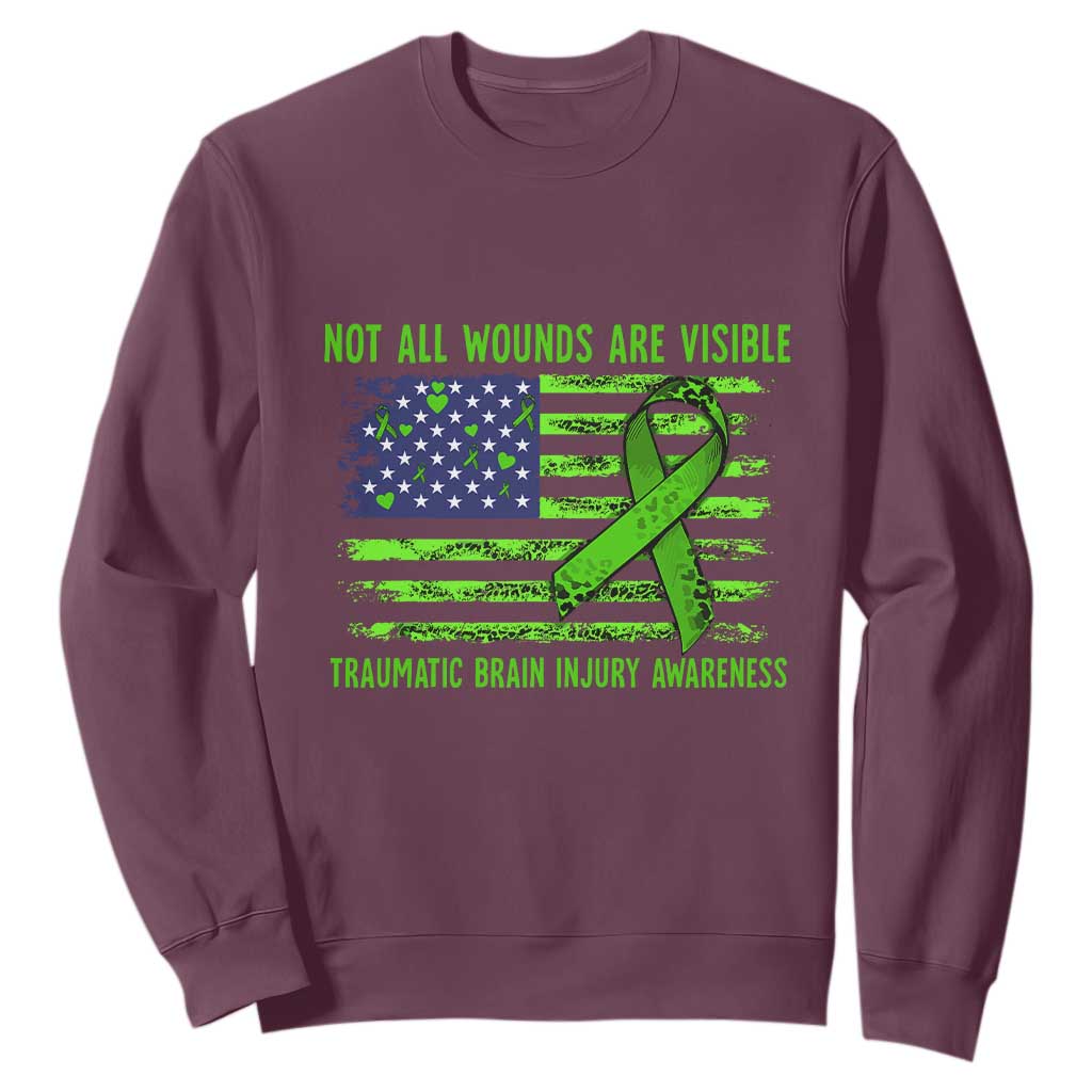 Traumatic Brain Injury Awareness Sweatshirt Not All Wounds Are Visible TBI Warrior American Flag TS02 Maroon Print Your Wear