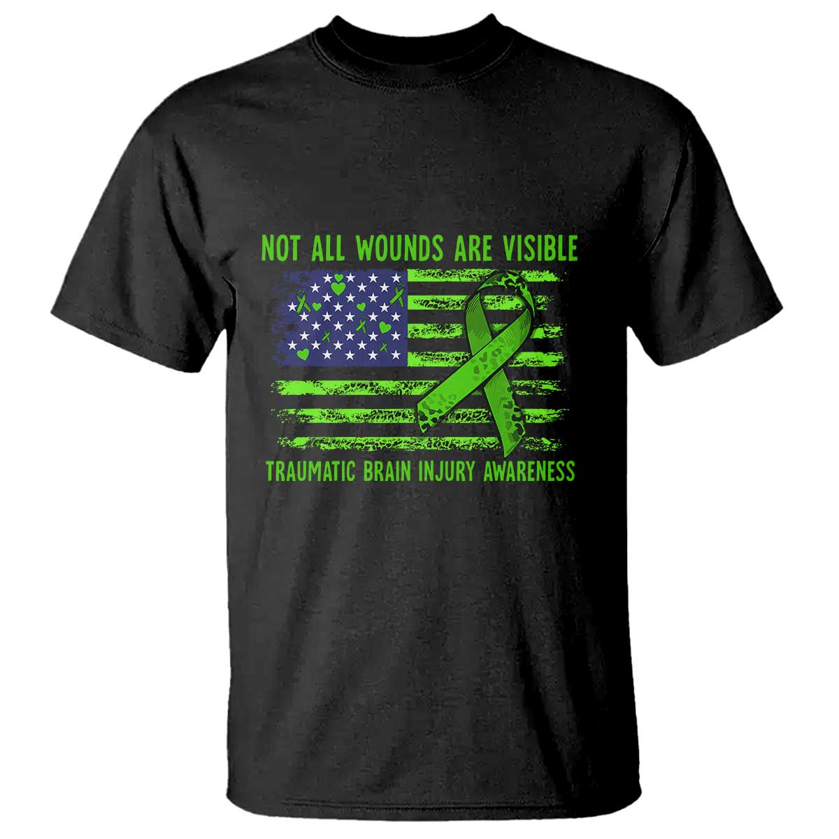 Traumatic Brain Injury Awareness T Shirt Not All Wounds Are Visible TBI Warrior American Flag TS02 Black Print Your Wear
