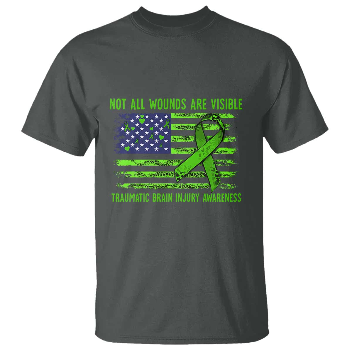 Traumatic Brain Injury Awareness T Shirt - Not All Wounds Are Visible TBI Warrior American Flag Tee TS02 Dark Heather Print Your Wear