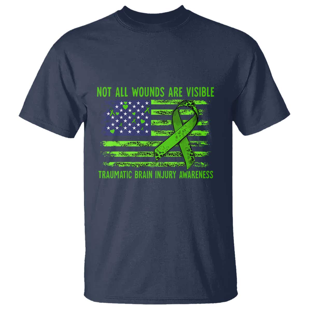 Traumatic Brain Injury Awareness T Shirt - Not All Wounds Are Visible TBI Warrior American Flag Tee TS02 Navy Print Your Wear