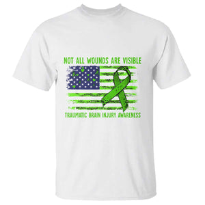 Traumatic Brain Injury Awareness T Shirt Not All Wounds Are Visible TBI Warrior American Flag TS02 White Print Your Wear