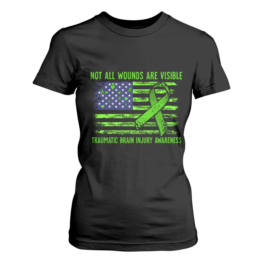 Traumatic Brain Injury Awareness T Shirt For Women Not All Wounds Are Visible TBI Warrior American Flag TS02 Black Print Your Wear