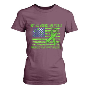 Traumatic Brain Injury Awareness T Shirt For Women Not All Wounds Are Visible TBI Warrior American Flag TS02 Maroon Print Your Wear