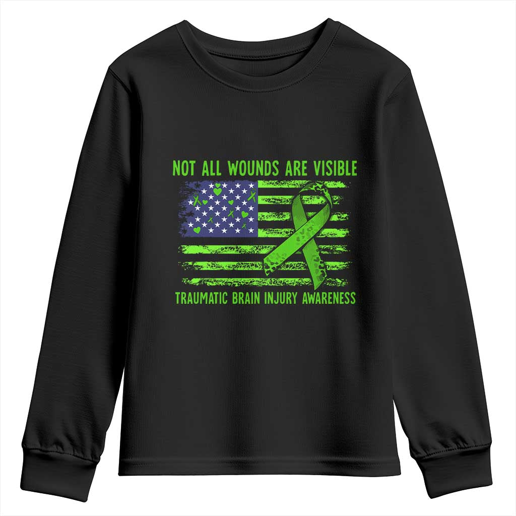 Traumatic Brain Injury Awareness Youth Sweatshirt Not All Wounds Are Visible TBI Warrior American Flag TS02 Black Print Your Wear