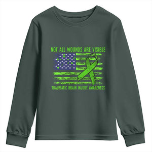 Traumatic Brain Injury Awareness Youth Sweatshirt Not All Wounds Are Visible TBI Warrior American Flag TS02 Dark Forest Green Print Your Wear