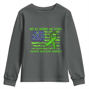 Traumatic Brain Injury Awareness Youth Sweatshirt Not All Wounds Are Visible TBI Warrior American Flag TS02 Dark Heather Print Your Wear