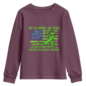 Traumatic Brain Injury Awareness Youth Sweatshirt Not All Wounds Are Visible TBI Warrior American Flag TS02 Maroon Print Your Wear