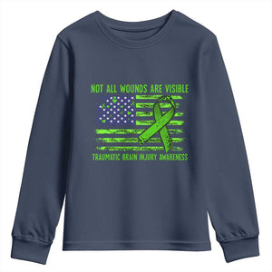 Traumatic Brain Injury Awareness Youth Sweatshirt Not All Wounds Are Visible TBI Warrior American Flag TS02 Navy Print Your Wear