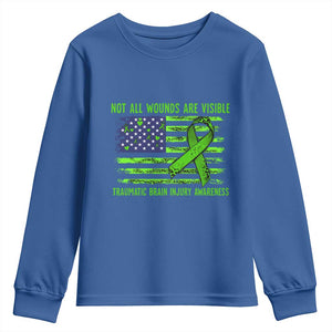 Traumatic Brain Injury Awareness Youth Sweatshirt Not All Wounds Are Visible TBI Warrior American Flag TS02 Royal Blue Print Your Wear