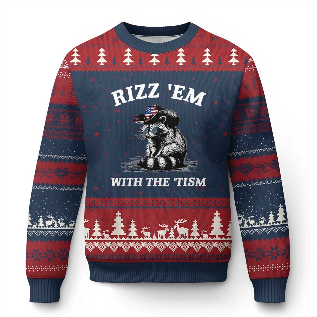 Autism Racoon Cowboy Ugly Christmas Sweater Rizz Em With The Tism TS02 Navy Red Print Your Wear