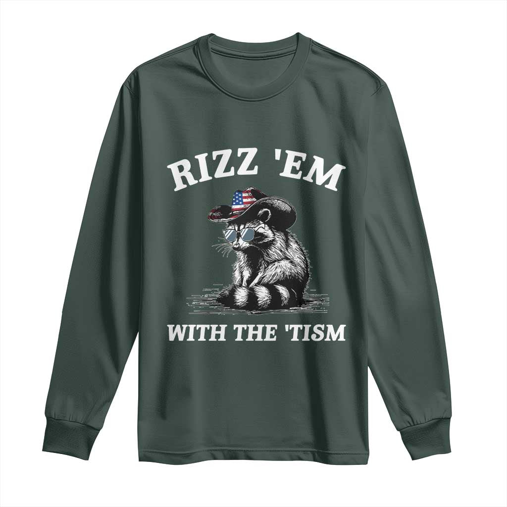 Autism Racoon Cowboy Long Sleeve Shirt Rizz Em With The Tism TS02 Dark Forest Green Print Your Wear