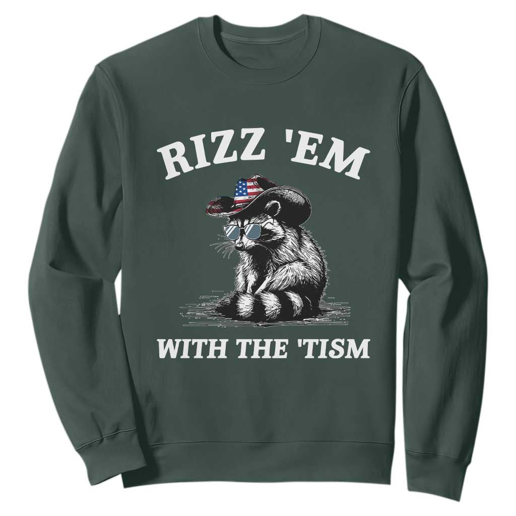 Autism Racoon Cowboy Sweatshirt Rizz Em With The Tism TS02 Dark Forest Green Print Your Wear