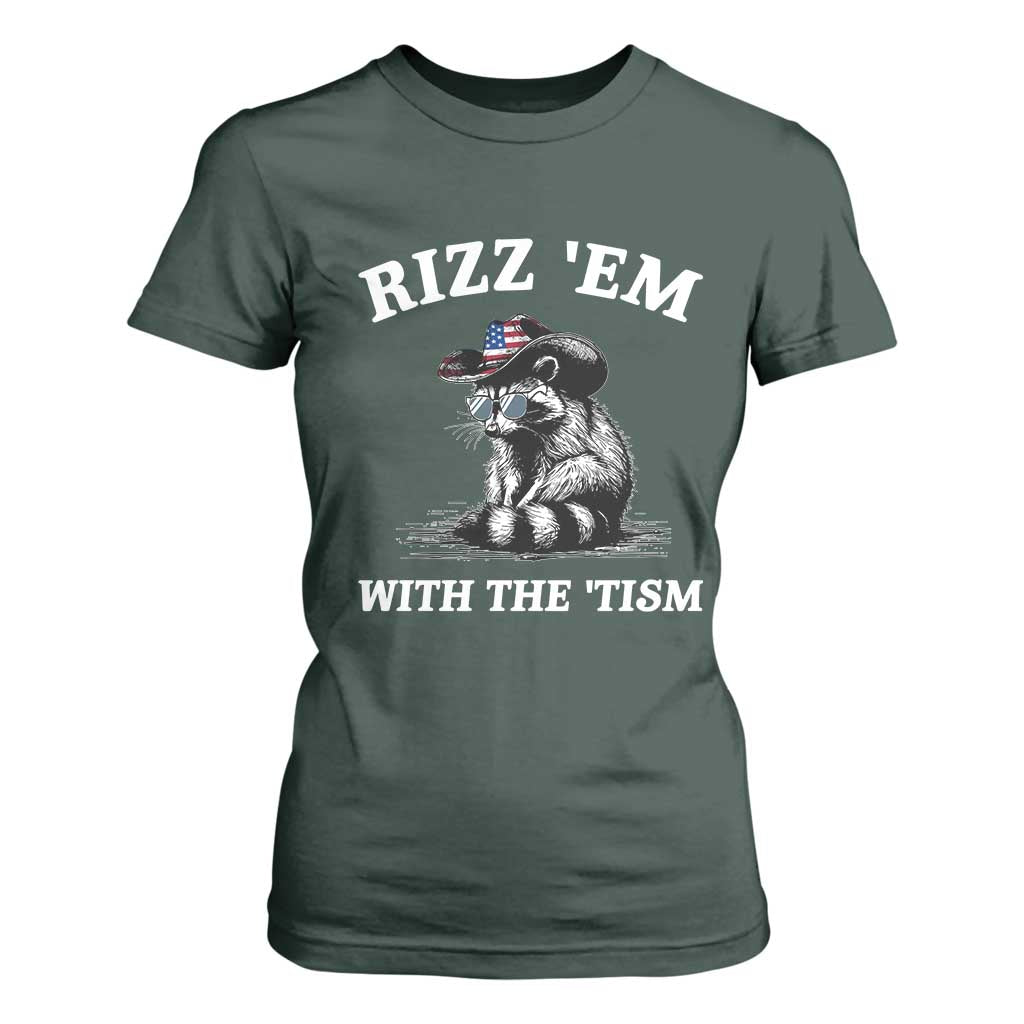 Autism Racoon Cowboy T Shirt For Women Rizz Em With The Tism TS02 Dark Forest Green Print Your Wear