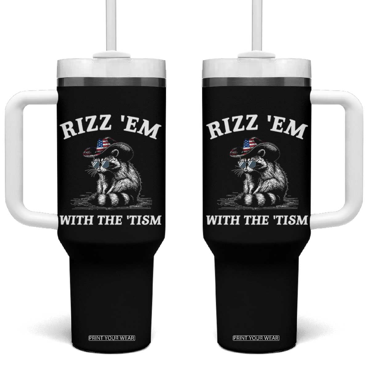 Autism Racoon Cowboy Tumbler With Handle Rizz Em With The Tism TS02 One Size: 40 oz Black Print Your Wear