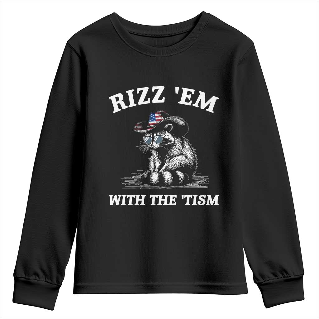 Autism Racoon Cowboy Youth Sweatshirt Rizz Em With The Tism TS02 Black Print Your Wear