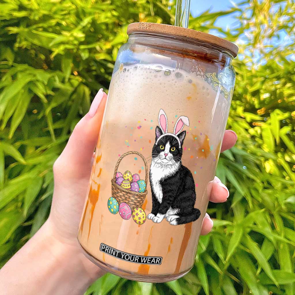 Easter Day Cat Bunny Ears Eggs Graphic Glass Can TS02 White Print Your Wear