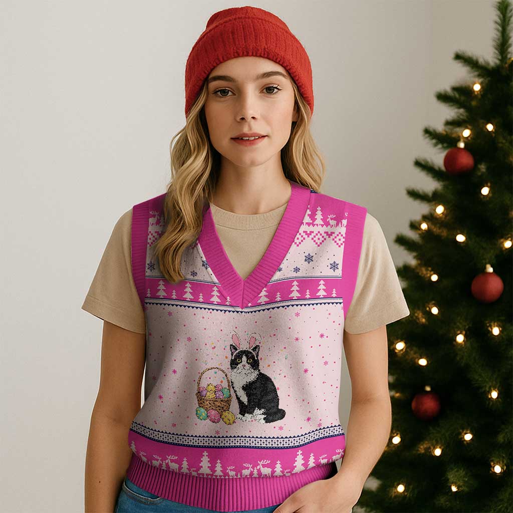Easter Day Cat Bunny Ears Eggs Graphic V-Neck Knit Sweater Vest TS02 Hot Pink Print Your Wear