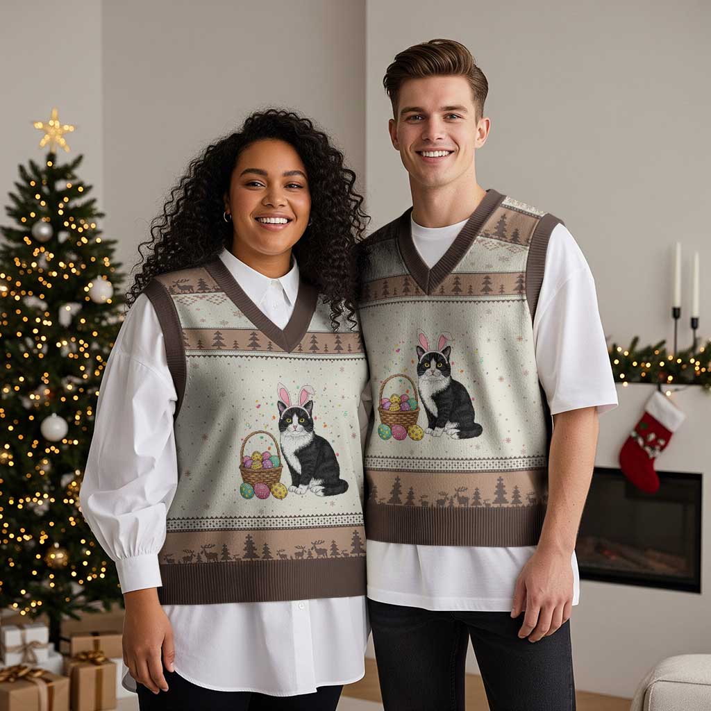 Easter Day Cat Bunny Ears Eggs Graphic V-Neck Knit Sweater Vest TS02 Mocha Mousse Print Your Wear