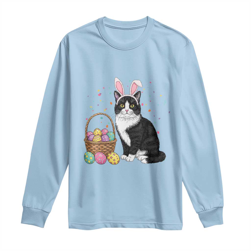 Easter Day Cat Bunny Ears Eggs Graphic Long Sleeve Shirt TS02 Light Blue Print Your Wear