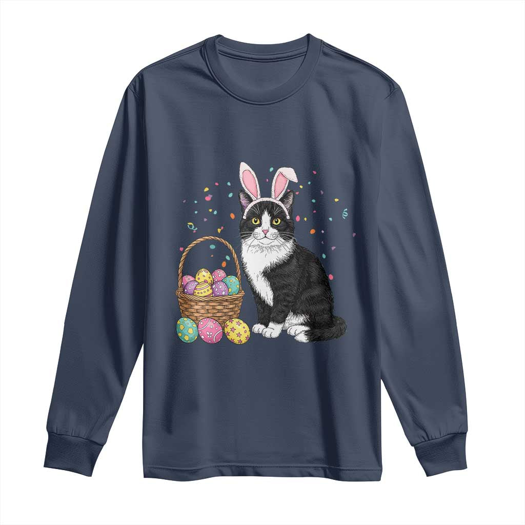 Easter Day Cat Bunny Ears Eggs Graphic Long Sleeve Shirt TS02 Navy Print Your Wear