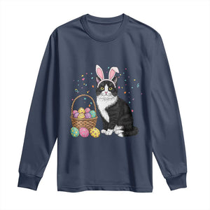 Easter Day Cat Bunny Ears Eggs Graphic Long Sleeve Shirt TS02 Navy Print Your Wear