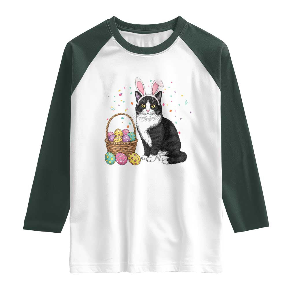 Easter Day Cat Bunny Ears Eggs Graphic Raglan Shirt TS02 White Dark Forest Green Print Your Wear