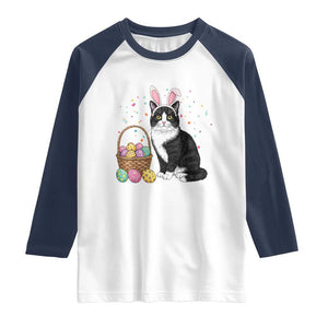 Easter Day Cat Bunny Ears Eggs Graphic Raglan Shirt TS02 White Navy Print Your Wear