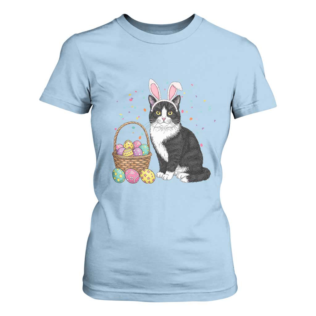 Easter Day Cat Bunny Ears Eggs Graphic T Shirt For Women TS02 Light Blue Print Your Wear