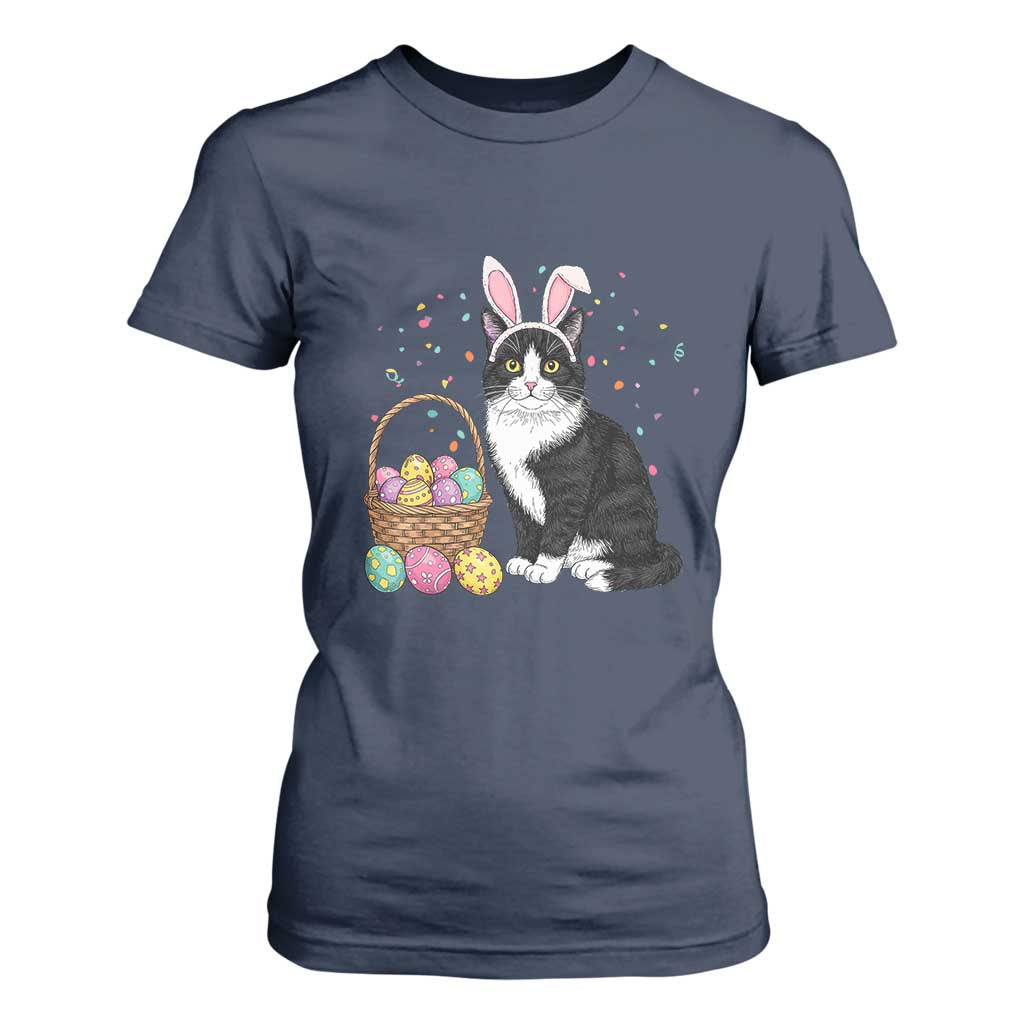 Easter Day Cat Bunny Ears Eggs Graphic T Shirt For Women TS02 Navy Print Your Wear
