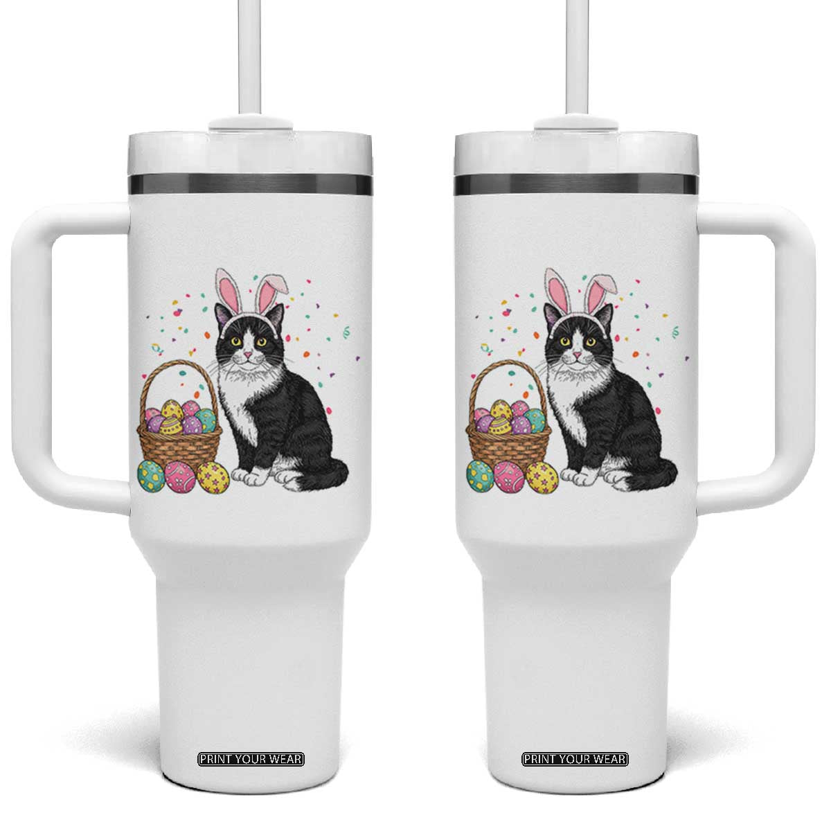 Easter Day Cat Bunny Ears Eggs Graphic Tumbler With Handle TS02 One Size: 40 oz White Print Your Wear