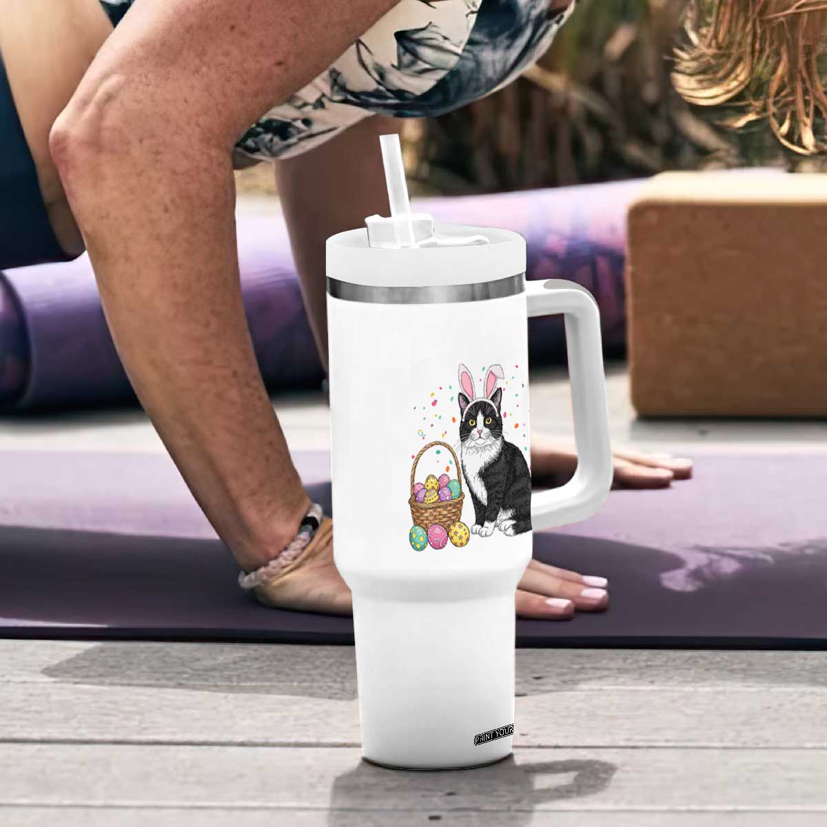Easter Day Cat Bunny Ears Eggs Graphic Tumbler With Handle TS02 Print Your Wear