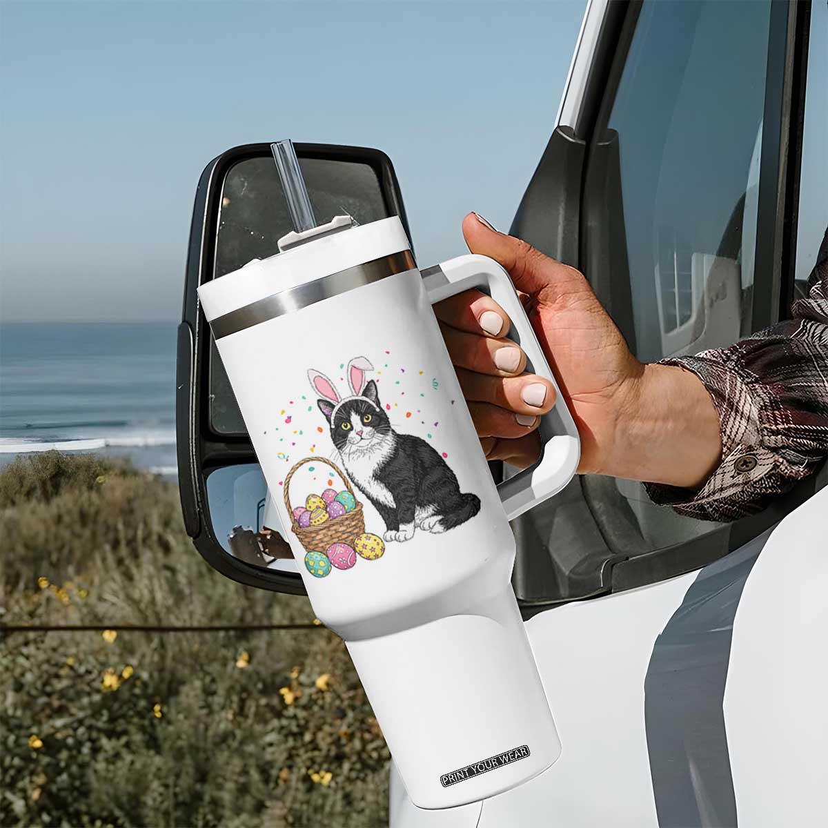 Easter Day Cat Bunny Ears Eggs Graphic Tumbler With Handle TS02 Print Your Wear