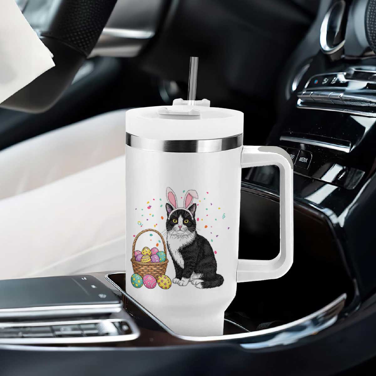 Easter Day Cat Bunny Ears Eggs Graphic Tumbler With Handle TS02 Print Your Wear