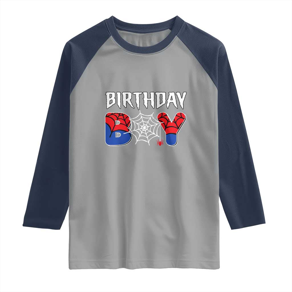 Spider Birthday Boy Raglan Shirt Bday Spiders Party TS02 Sport Gray Navy Print Your Wear