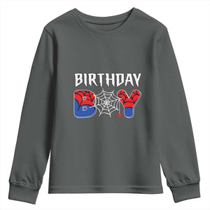 Spider Birthday Boy Youth Sweatshirt Bday Spiders Party TS02 Dark Heather Print Your Wear