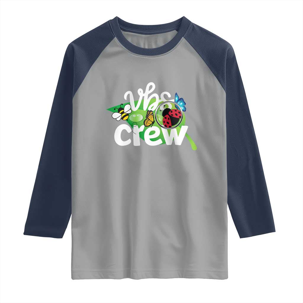VBS Crew 2025 Raglan Shirt Magnified Smallest Insects Adventure Vacation Bible School Squad TS02 Sport Gray Navy Print Your Wear