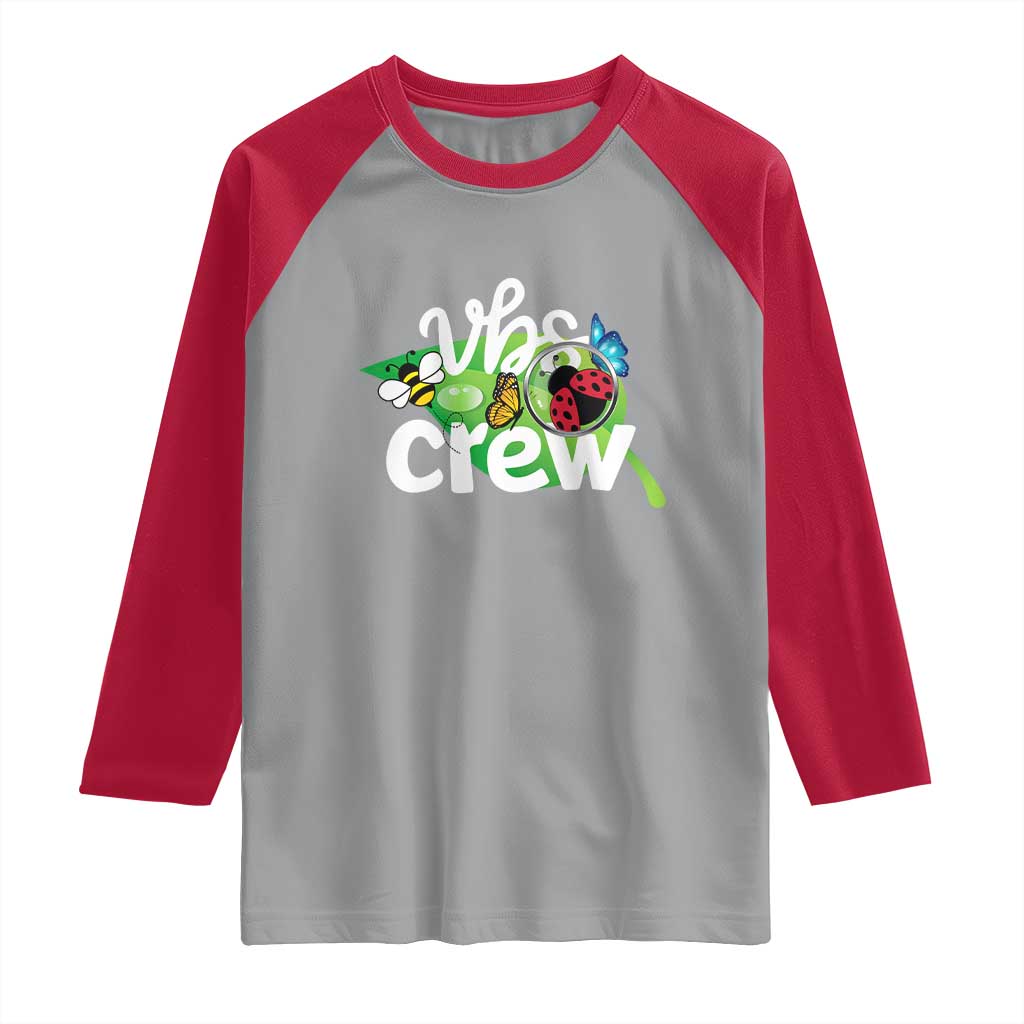 VBS Crew 2025 Raglan Shirt Magnified Smallest Insects Adventure Vacation Bible School Squad TS02 Sport Gray Red Print Your Wear