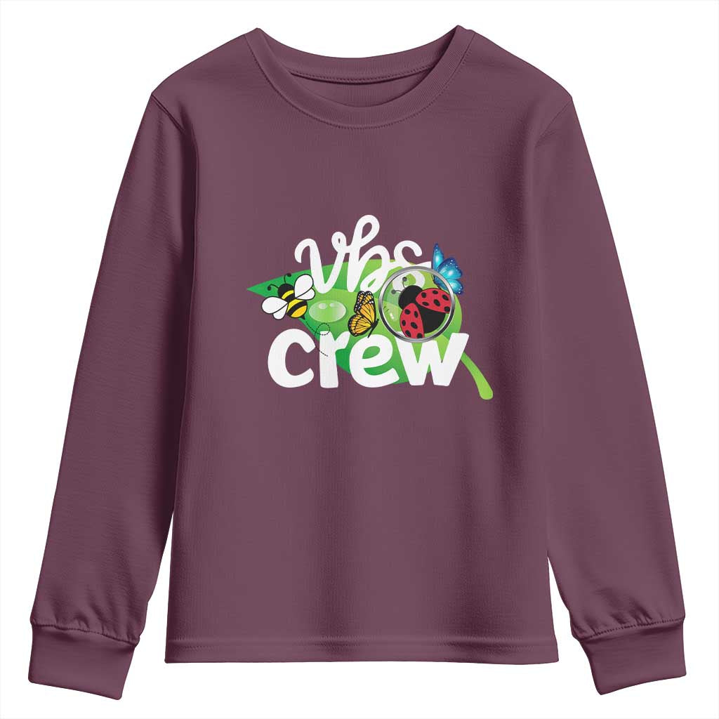 VBS Crew 2025 Youth Sweatshirt Magnified Smallest Insects Adventure Vacation Bible School Squad TS02 Maroon Print Your Wear