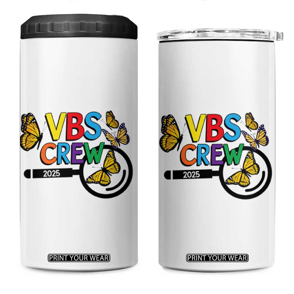 VBS 2025 4 in 1 Can Cooler Tumbler Magnified Vacation Bible School Butterfly VBS Team TS02 One Size: 16 oz White Print Your Wear