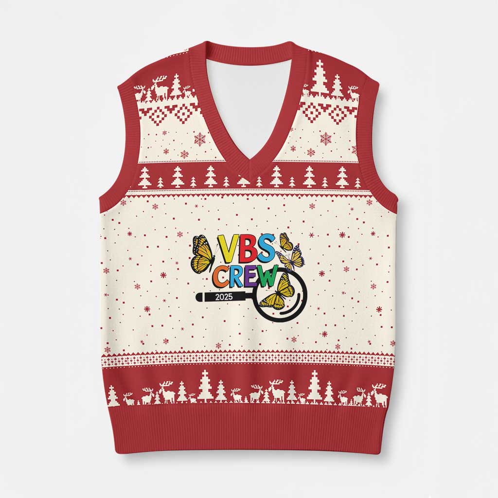 VBS 2025 V-Neck Knit Sweater Vest Magnified Vacation Bible School Butterfly VBS Team TS02 Beige Red Print Your Wear