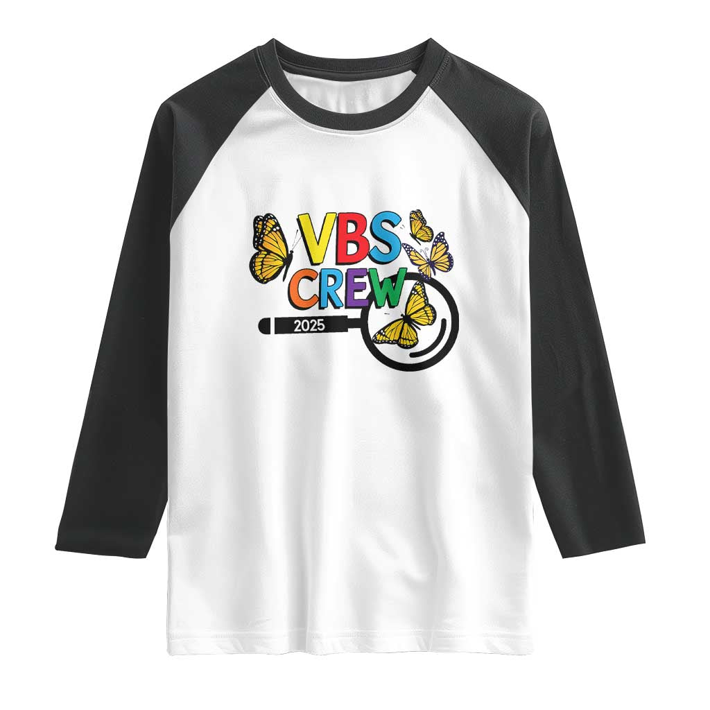 VBS 2025 Raglan Shirt Magnified Vacation Bible School Butterfly VBS Team TS02 White Black Print Your Wear