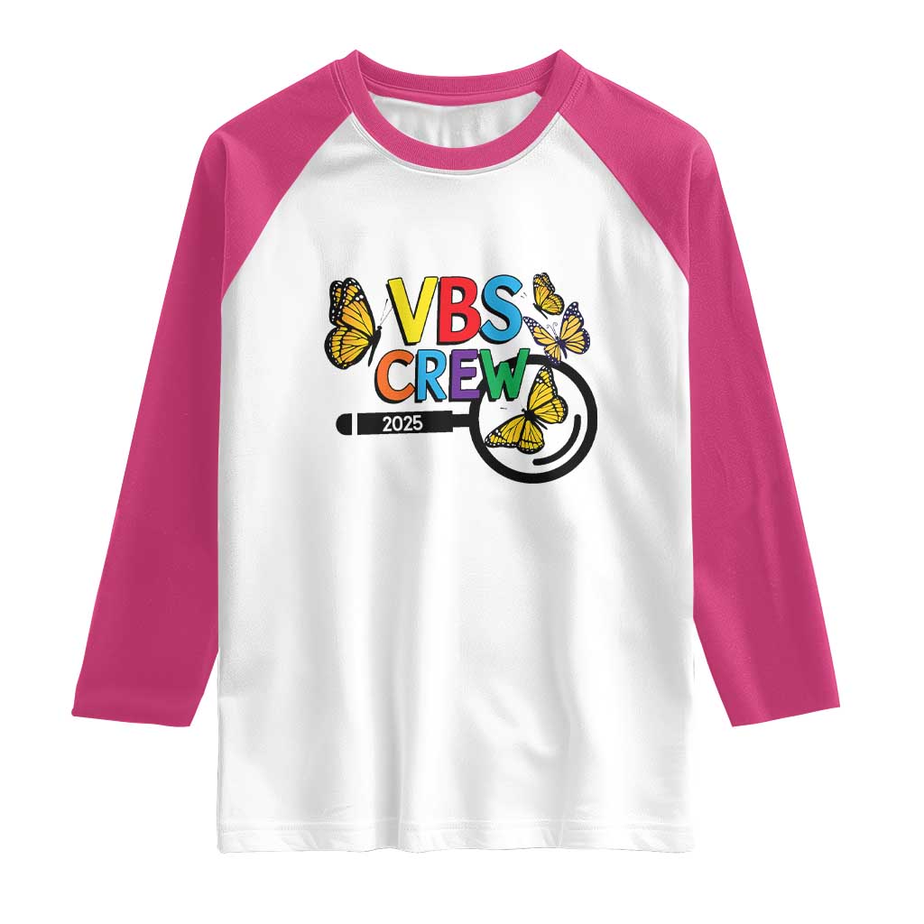 VBS 2025 Raglan Shirt Magnified Vacation Bible School Butterfly VBS Team TS02 White Heliconia Print Your Wear