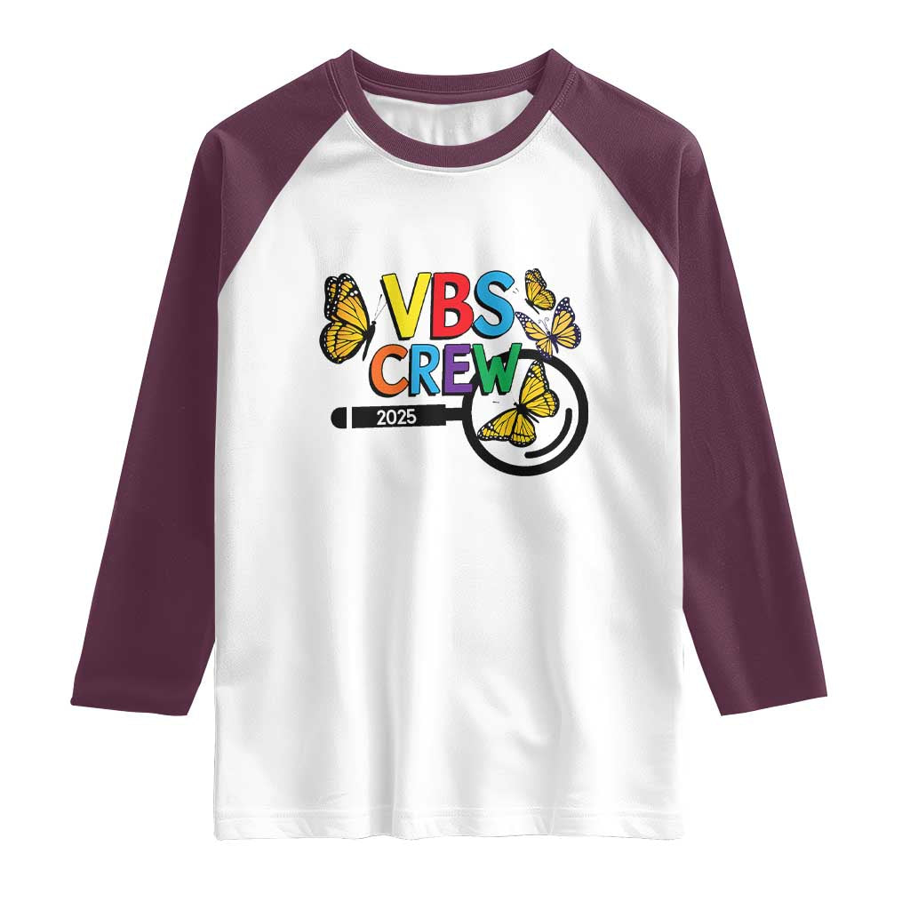VBS 2025 Raglan Shirt Magnified Vacation Bible School Butterfly VBS Team TS02 White Maroon Print Your Wear