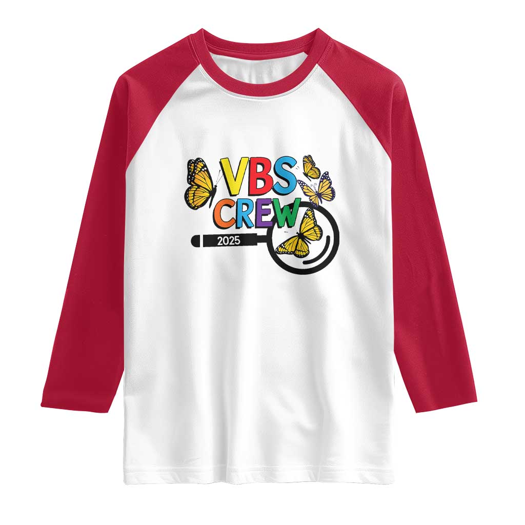 VBS 2025 Raglan Shirt Magnified Vacation Bible School Butterfly VBS Team TS02 White Red Print Your Wear