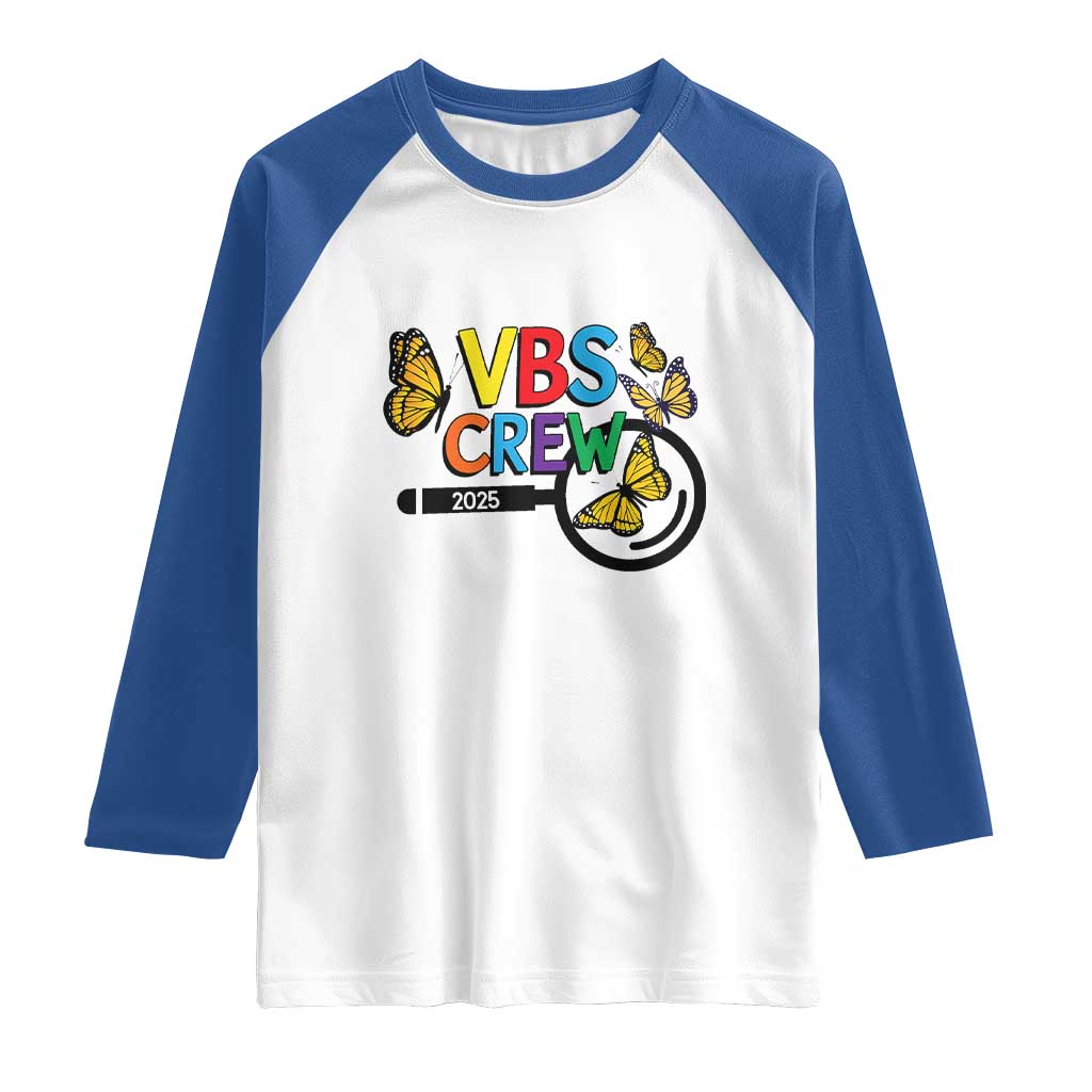 VBS 2025 Raglan Shirt Magnified Vacation Bible School Butterfly VBS Team TS02 White Royal Print Your Wear